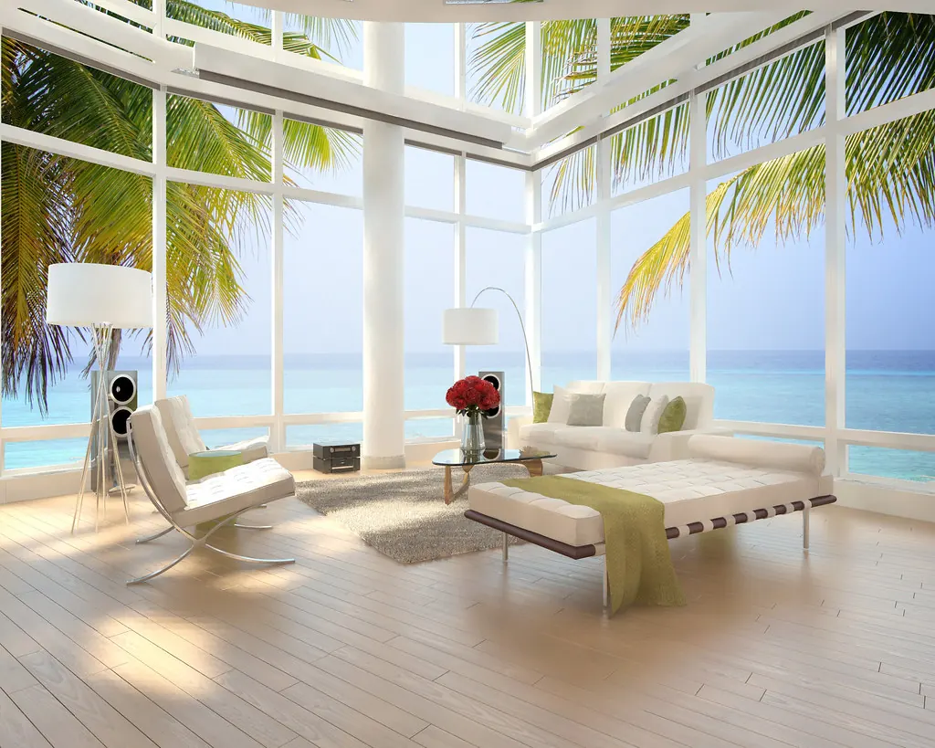 A living room open to the ocean
