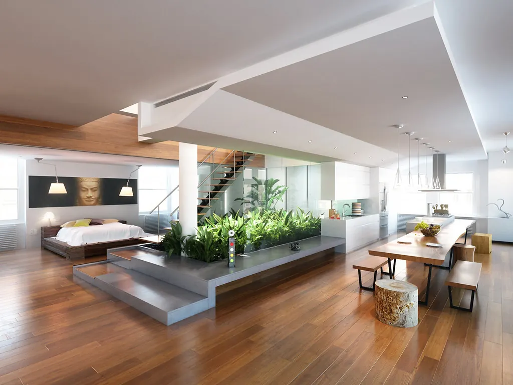 A modern interior with garden