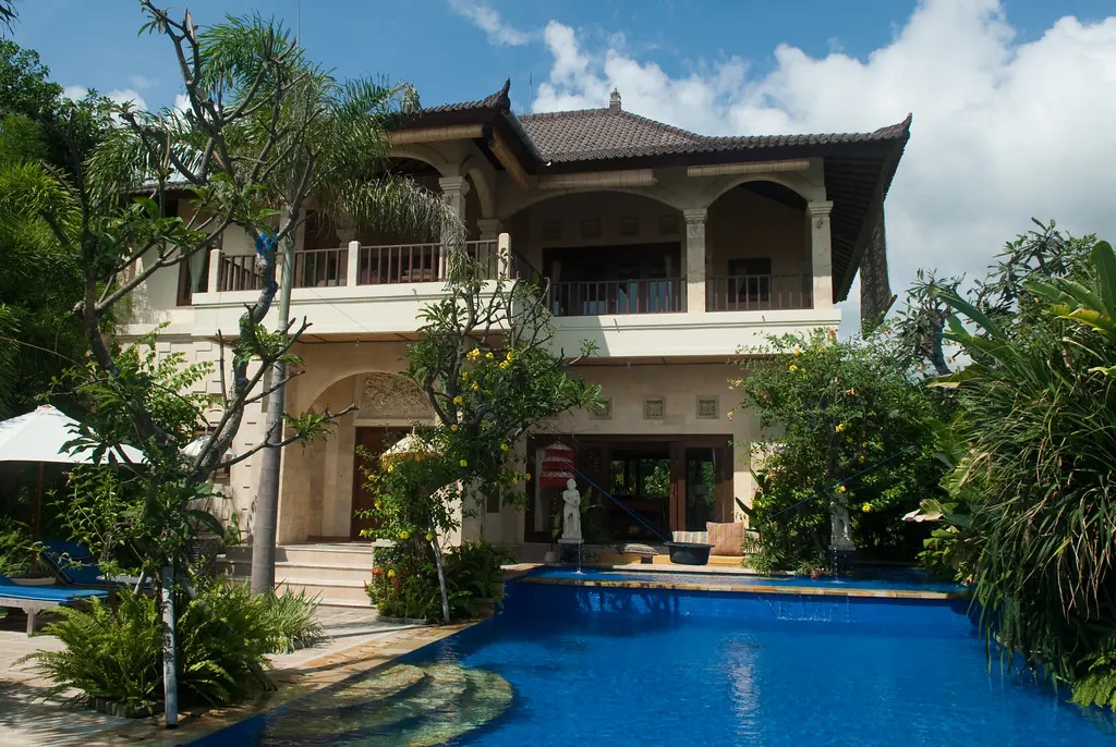 A villa terrace above the pool