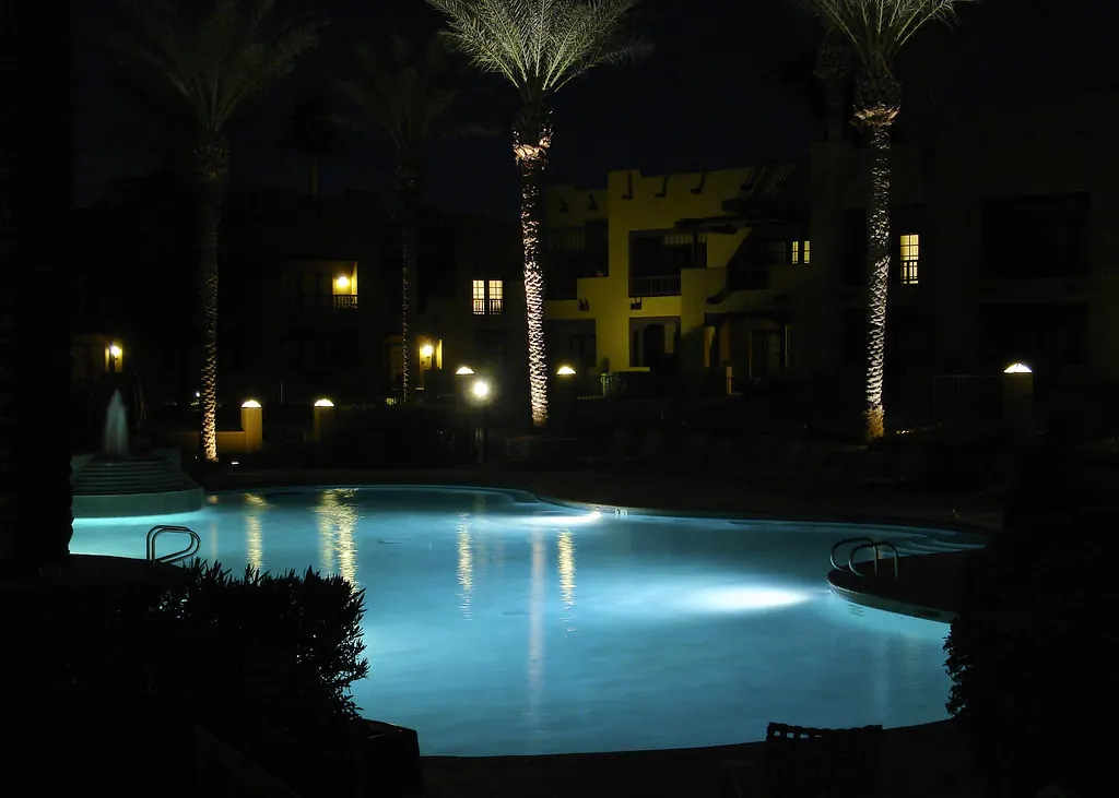 The garden pool lit at night