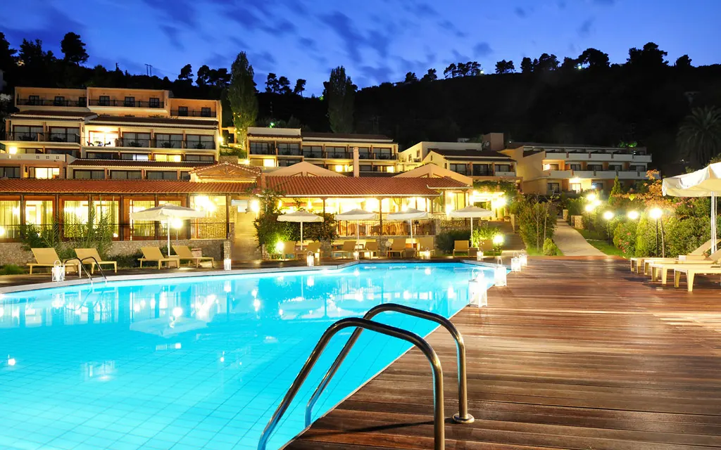The pool terrace at dusk